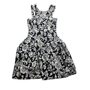 B. Darlin Black and White Floral Fit and Flare Dress, Double Strap, Size 3/4